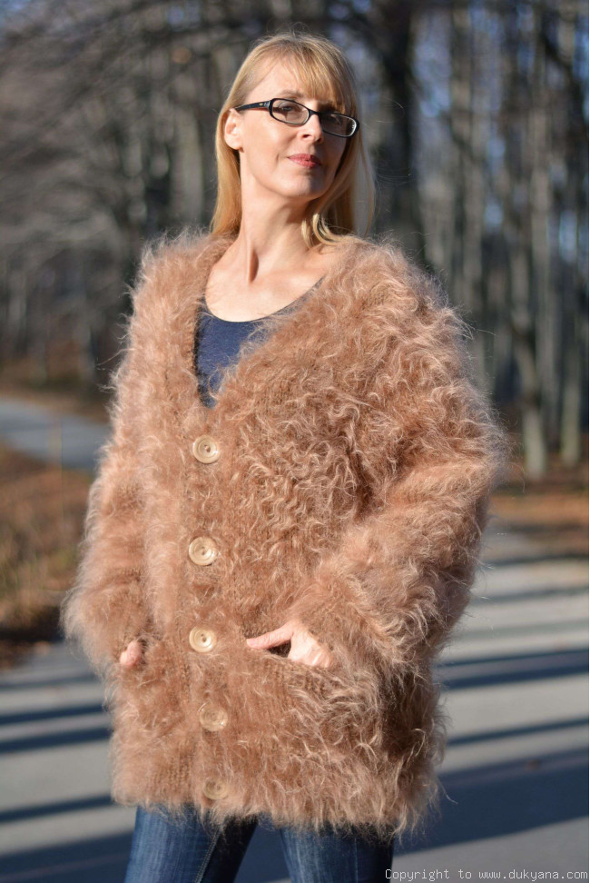Fuzzy V neck mens mohair cardigan hand knitted CAM19